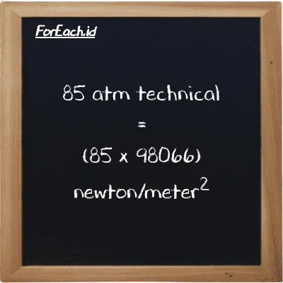 How to convert atm technical to newton/meter<sup>2</sup>: 85 atm technical (at) is equivalent to 85 times 98066 newton/meter<sup>2</sup> (N/m<sup>2</sup>)